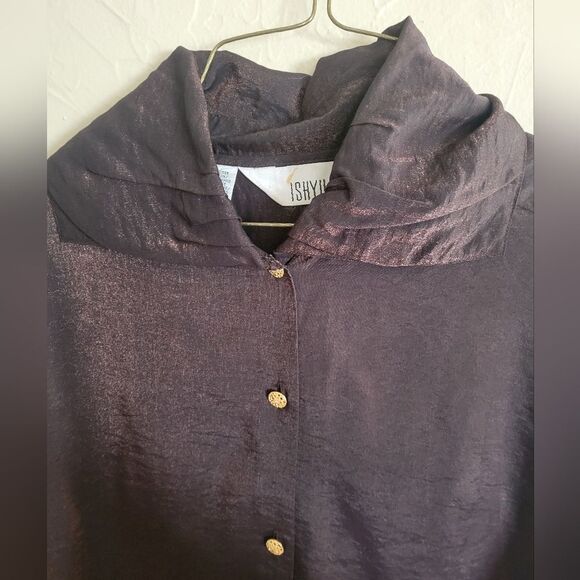 Ishyu collared button down long sleeve chocolate and gold.shimmer blouse, sz 8 - Picture 4 of 7